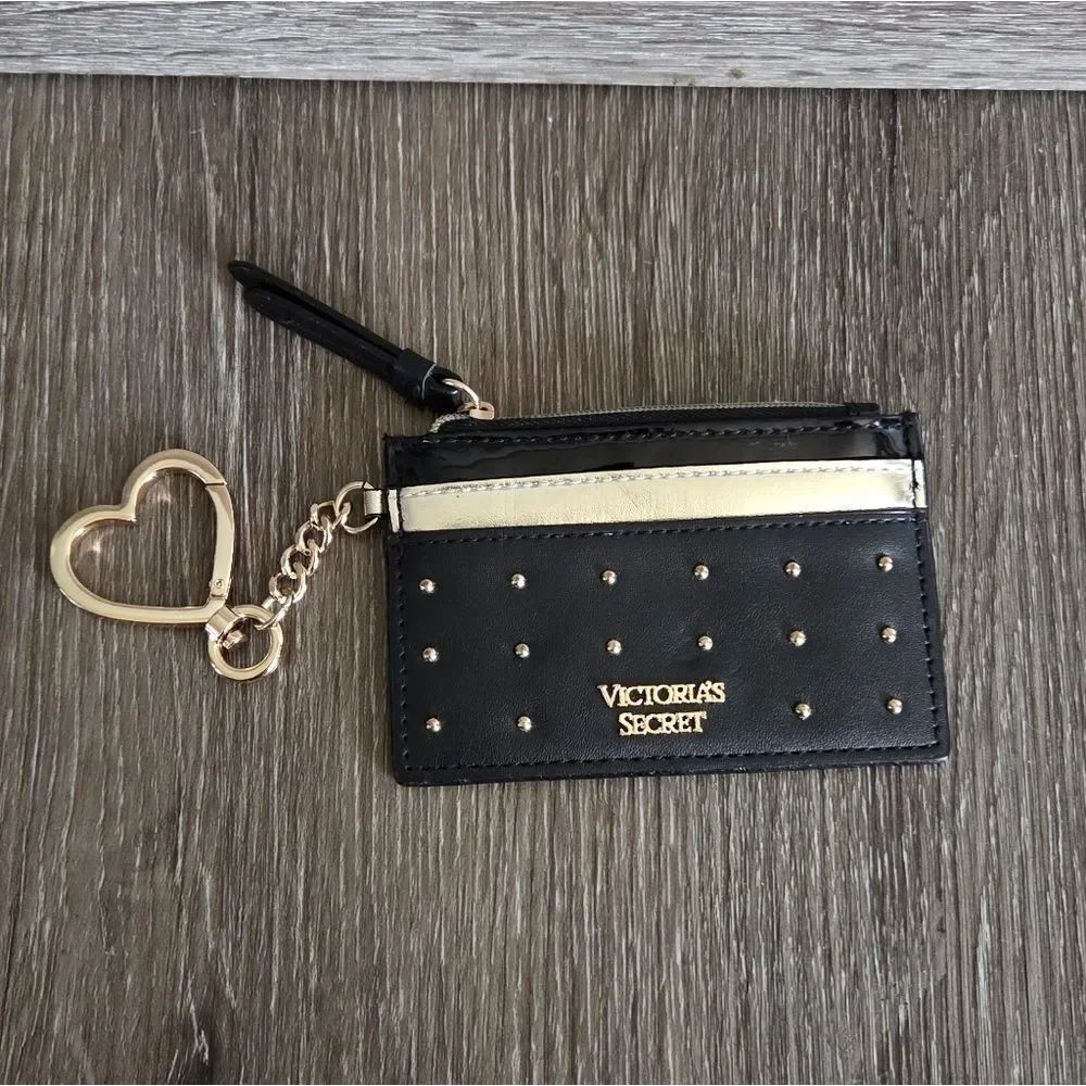 Victoria's Secret Black and Gold Studded Card Holder with a Heart Keychain